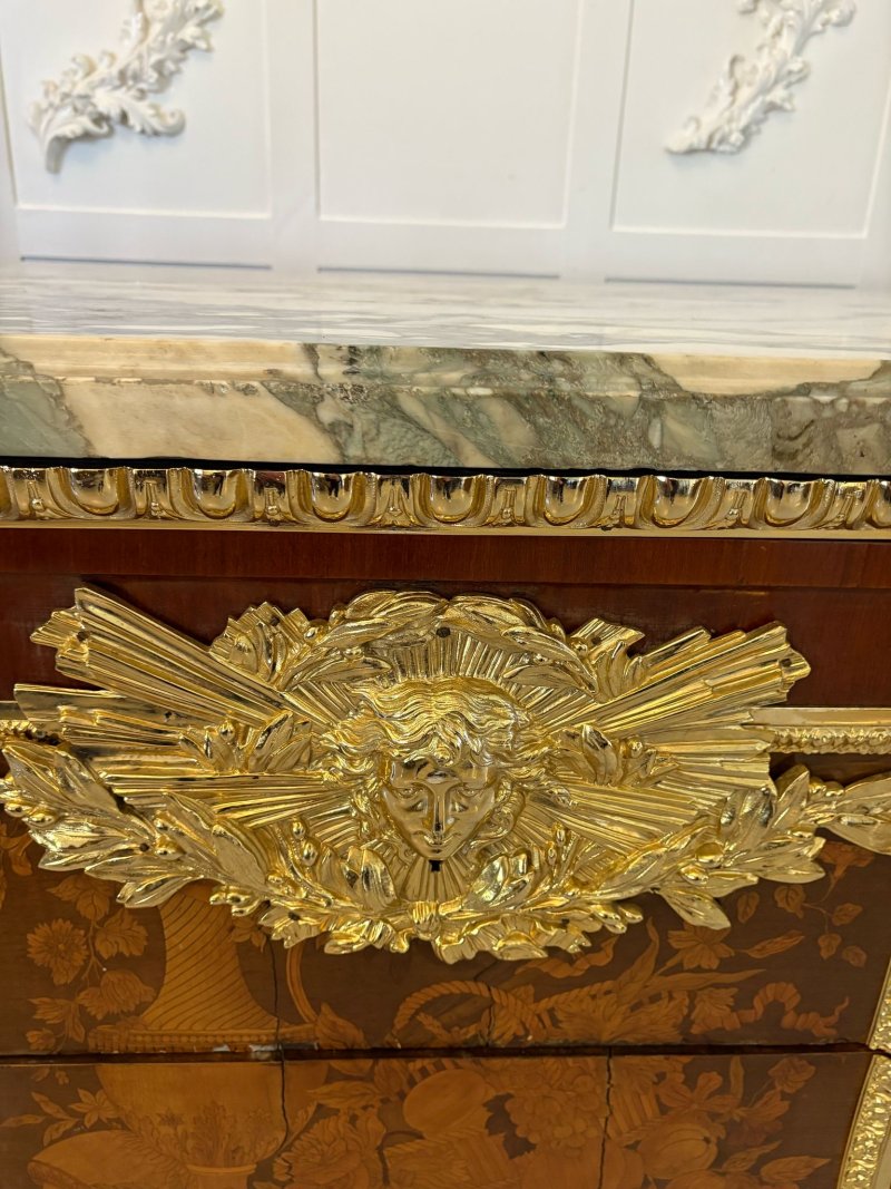 Antique Rare Fine Pair of French Early 20th Century Mahogany, Fruitwood Marquetry and Gilt Bronze Mounted Commodes In the Louis XVI Style, after the Original By Jean-Henri Riesener - Image 20